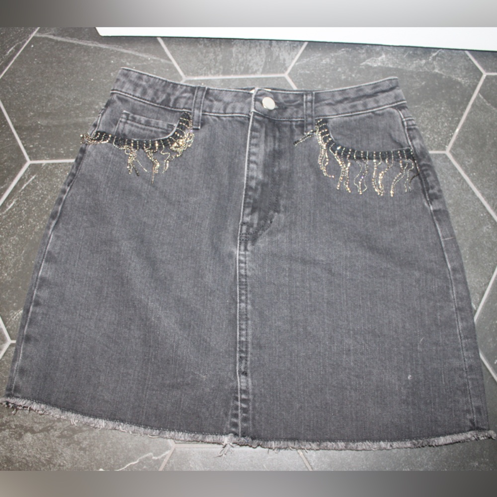 Harper Heritage Black Denim Rhinestone Fringe Mini Skirt Small Western Y2K